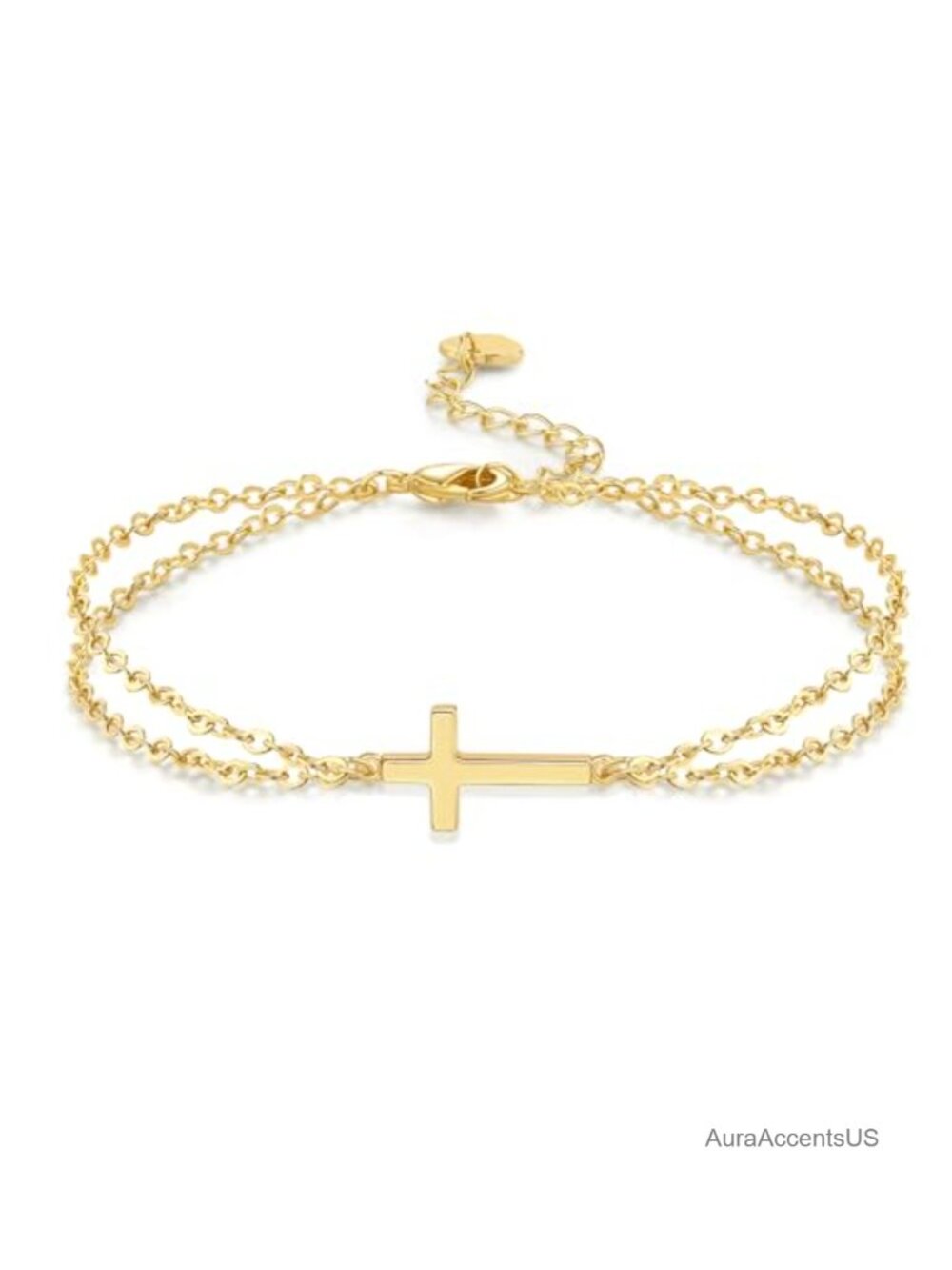 14K Gold Plated Layered Double Chain Cross Bracelet for Women